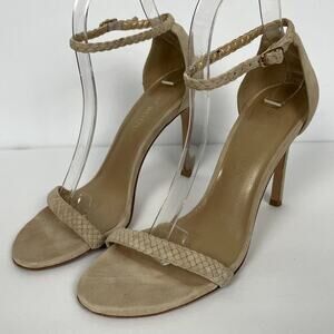 Stuart Weitzman Nudistsong Braided Sandal Womens Beige 8 Suede Classic Heel